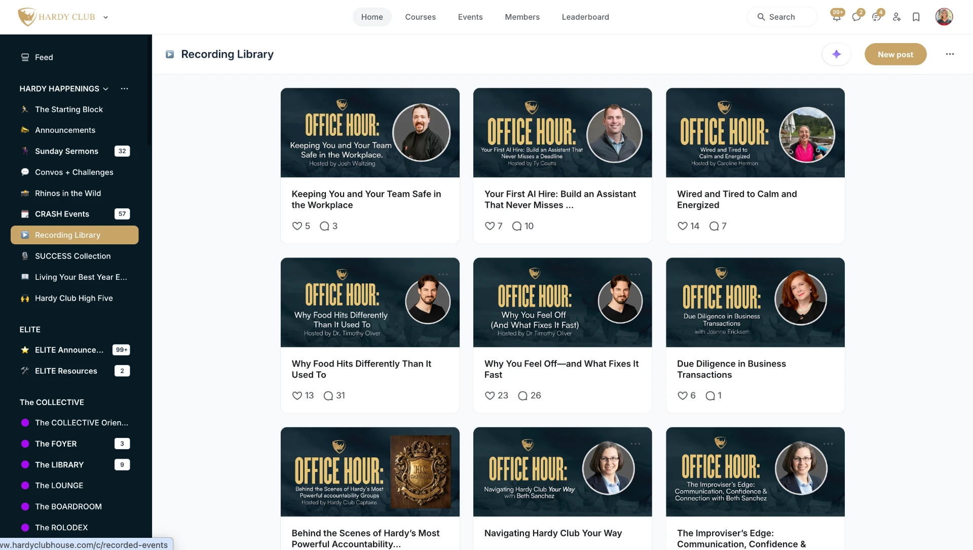 Hardy Club recording library showing member programming and engagement